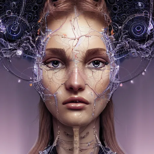 Prompt: very beautiful woman integrating with technology, full face frontal centered, portrait, insipiring, detailed intricate ornate cables connected to head, big open electric eyes, luxurious detailed abundent wiring and implants, renaissance, sci - fi, detailed technology background with cyber flowers and insects, dramatic lighting, highly detailed, artstation, 8 k,