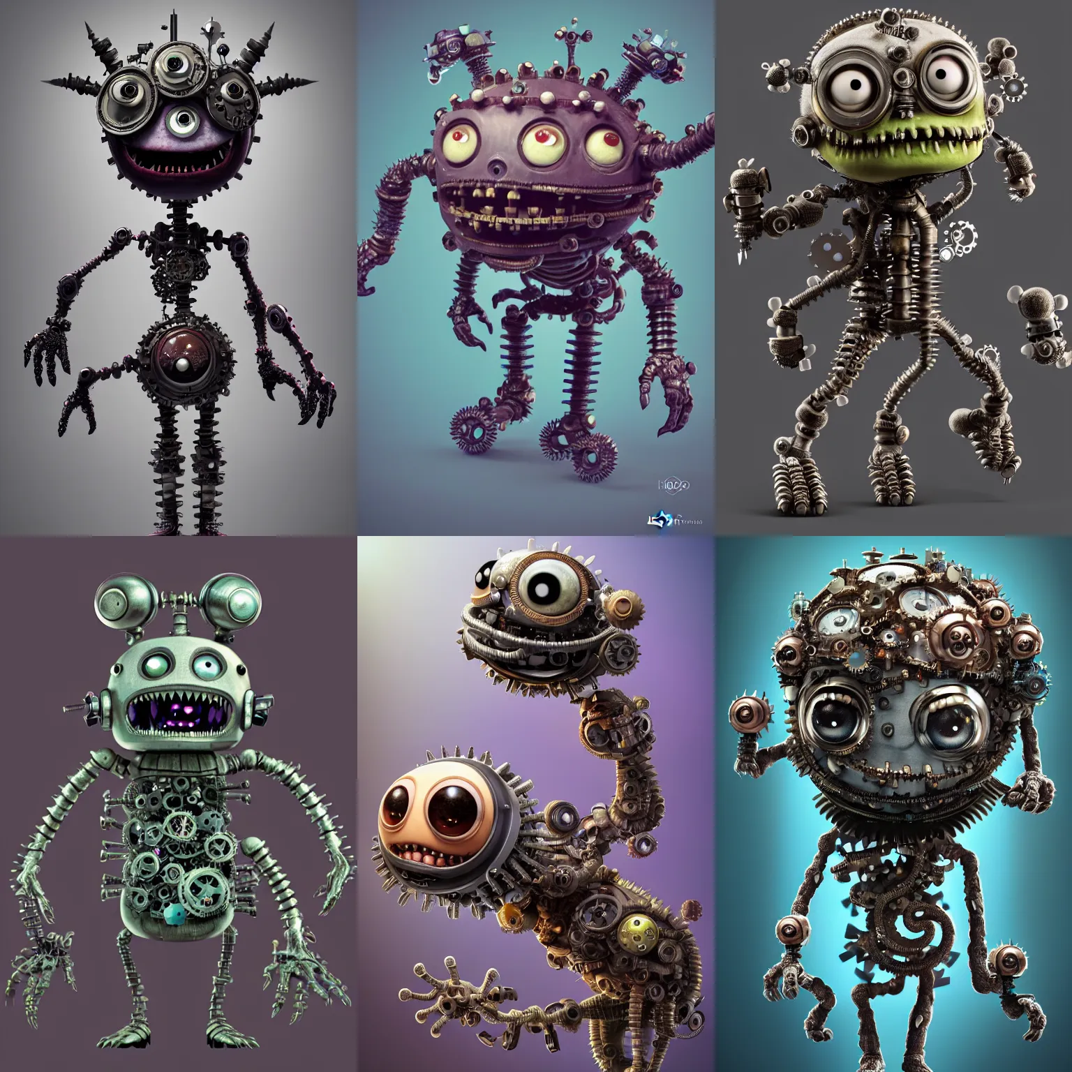 Prompt: a tiny cute biopunk gothicpunk monster with cogs and screws and big eyes smiling and waving, back view, isometric 3d, ultra hd, character design by Mark Ryden and Pixar and Hayao Miyazaki, unreal 5, DAZ, hyperrealistic, octane render, cosplay, RPG portrait, dynamic lighting, intricate detail, summer vibrancy, cinematic