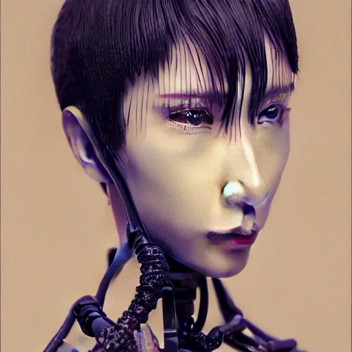 Image similar to prompt : hyperrealist photorealistic 3 d render of persona soft light portrait by takato yamamoto, mecha accessories parts and broken cables, gnarly details, otaku gangasta, inspired by fables, realistic face, smooth face feature, intricate oil painting, high detail, sharp high detail, manga and anime 2 0 0 0