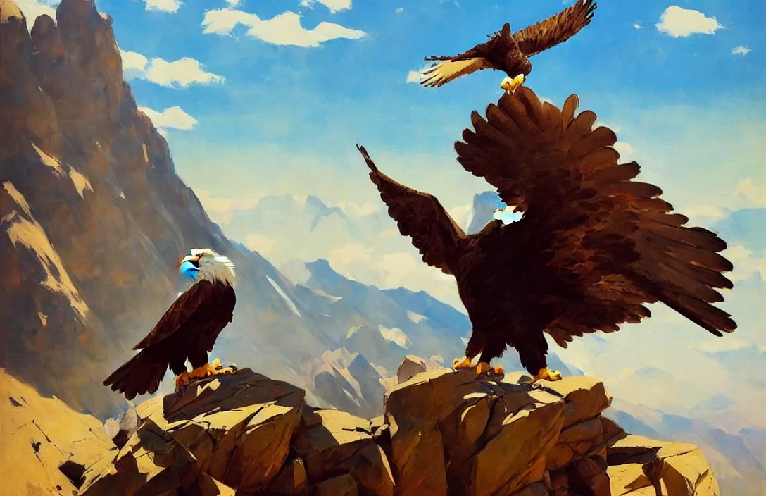 Image similar to greg manchess painting of eagle hunter sitting on the background of mountains in kyrgyzstan, medium shot, asymmetrical, organic painting, sunny day, matte painting, bold shapes, hard edges, street art, trending on artstation, by huang guangjian and gil elvgren and sachin teng