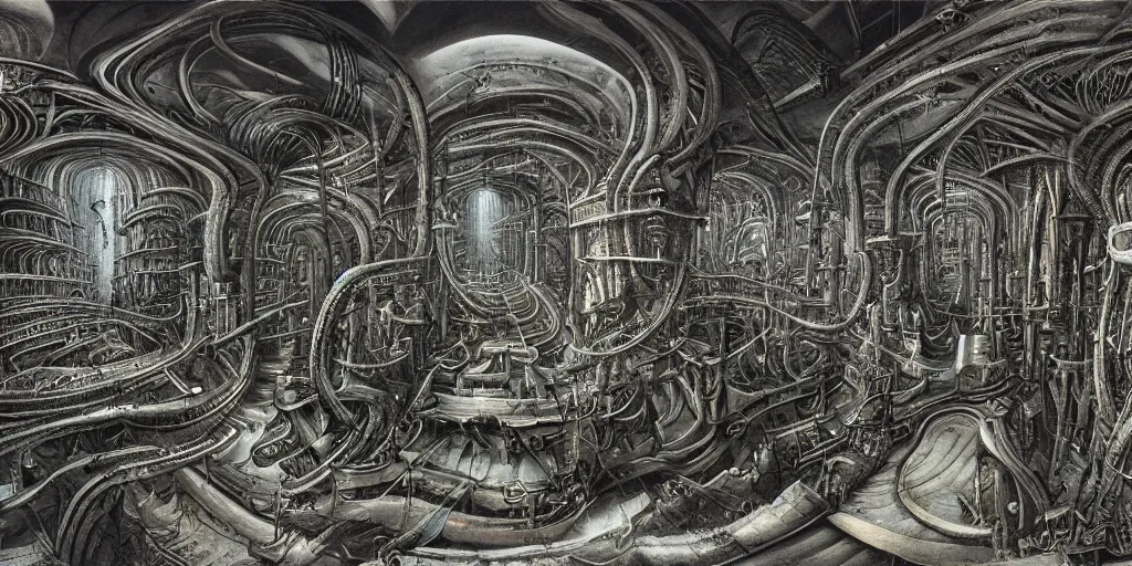 Image similar to equirectangular matte painting of a biomechanical landscape by hr giger