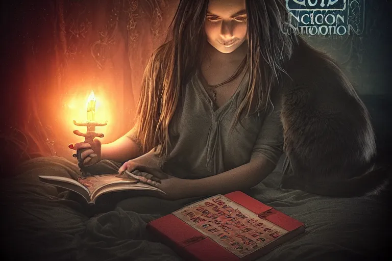 Image similar to romantic photo of bright girl, her cat and her book of necronomicon, symmetrical, cinematic, real dlsr photography, sharp focus, 4 k, ultra hd, sense of awe, sinister demonic atmosphere, dreadful, forbidden knowledge, old gods, cthulhu, yog - sothoth! yah, yah, yah! cultist journal cover