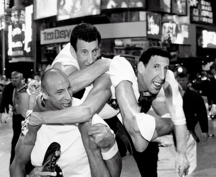 Prompt: The rock piggyback on Adam Sandler on Methamphetamine at Times Square, photograph by Alfred Eisenstaedt, 4K, dramatic lighting; 4K 8K