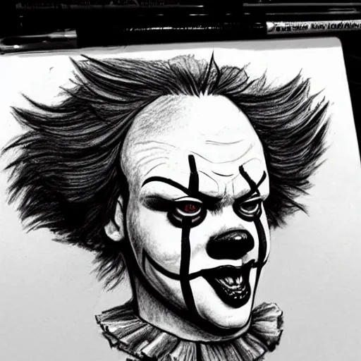 Image similar to pennywise in court. pencil court sketch. intricate. highly professionally detailed.