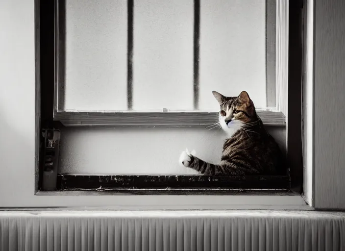 Image similar to photography of a Cat . watching outside the window while it rains. on a bed. in a room full of vinyls and posters, photorealistic, raining award winning photo, 100mm, sharp, high res