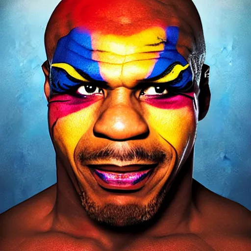 Image similar to UHD photorealistic Cosmic Mike Tyson wearing a clown costume with real clown makeup in the style of tonalism