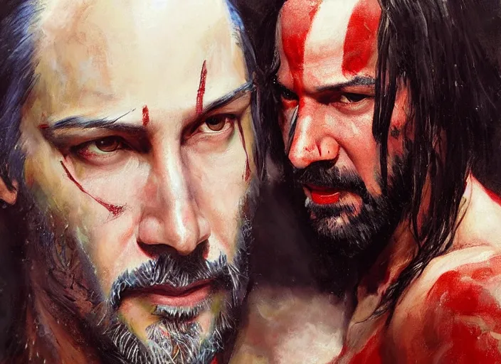 Prompt: a highly detailed beautiful portrait of keanu reeves as kratos, by gregory manchess, james gurney, james jean