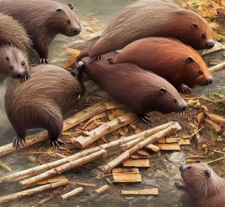 Image similar to photography hyperrealism concept art of anthropomorphic beavers builders that building city with sticks