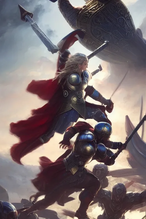 Prompt: valkiries fighting with thor in the ragnarok, highly detailed, digital painting, artstation, concept art, smooth, sharp focus, illustration, unreal engine 5, 8 k, art by artgerm and greg rutkowski and edgar maxence