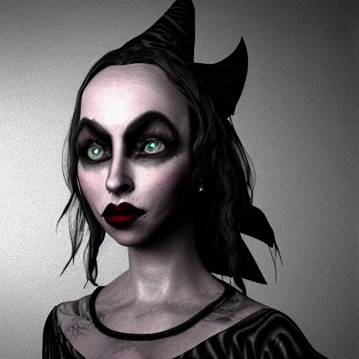 Prompt: portrait of darkness witch, inspired by Tim Burton, unreal engine render, volumetric light, high détail