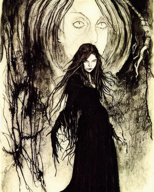 Image similar to style of arthur rackham : : gorgeous willa holland : : evil witch, swirling black magic, black dress : : symmetrical face, symmetrical eyes : : full body pose : : gorgeous black hair : : magic lighting, low spacial lighting : :