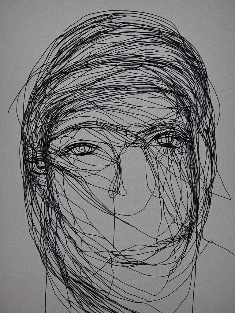 Image similar to elegant minimalist metal wire art of symmetrical and expressive female facial features and silhouette