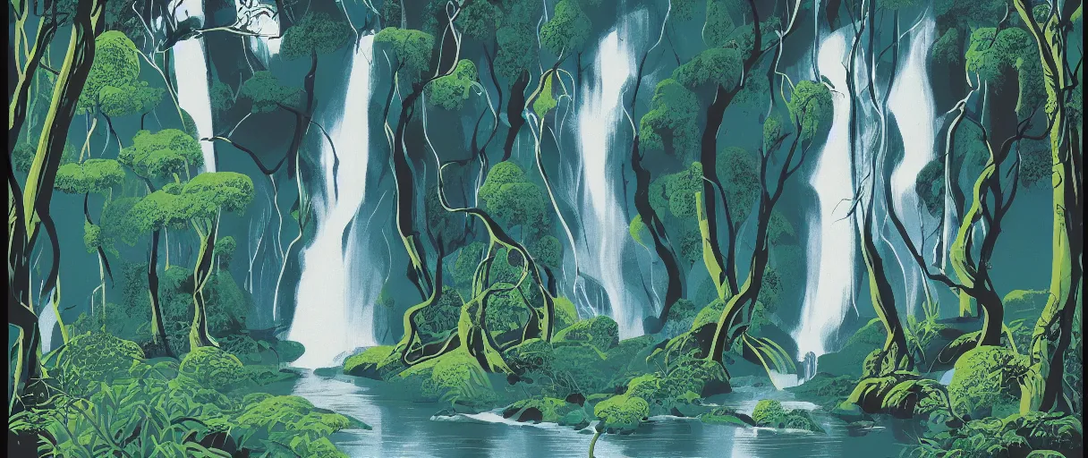 Prompt: eyvind earle disney background art of a beautiful waterfall in a forest