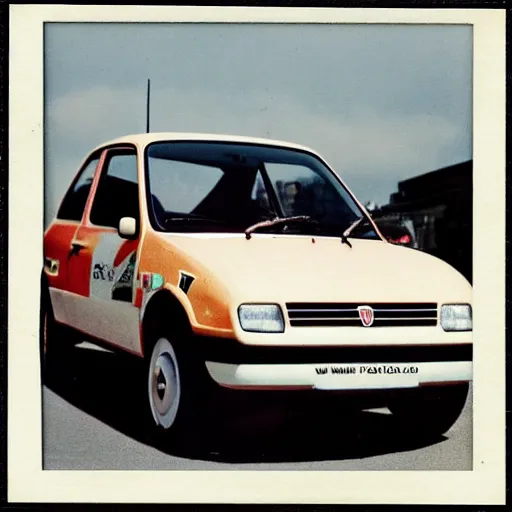 Prompt: a fiat uno in front of thousands of tesla vintage scratched white borders polaroid photo