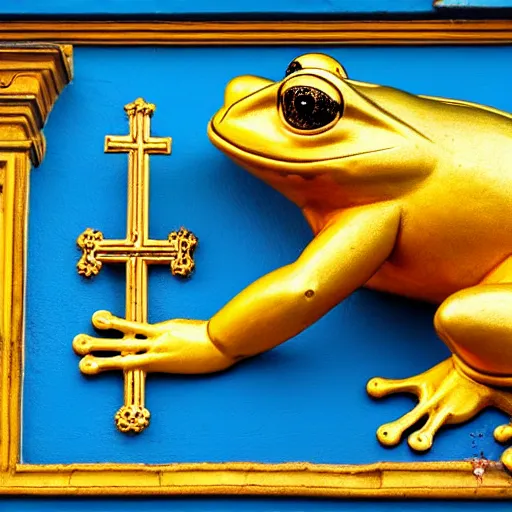 Prompt: people worship a huge statue of a golden frog, icon style, religion, bible, frescoes