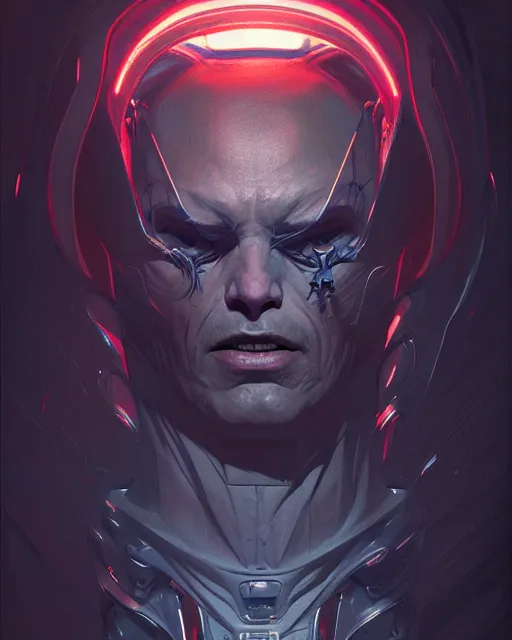 Image similar to professional concept art portrait of a predatory robotic villain in a dark room by artgerm and greg rutkowski. an intricate, elegant, highly detailed digital painting, concept art, smooth, sharp focus, illustration, in the style of cam sykes, wayne barlowe, igor kieryluk.