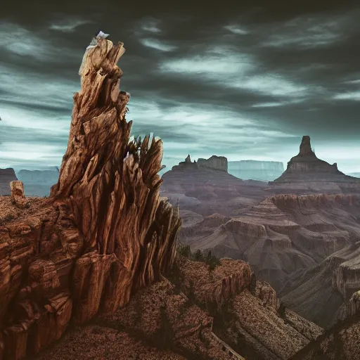 Image similar to dark gothic palace made of rock with tall spires, bristlecone pine trees, grand canyon, ultrawide cinematic 3d render, dark dramatic skies, atmospheric, vultures