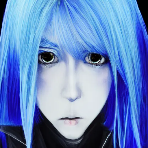 Image similar to high contrast photo of rimuru tempest, sky blue straight hair, bangs, with amber eyes, wearing a black jacket, high collar, ultra detailed, brush strokes, skin texture, digital painting, cinematic, wlop, pixiv, eerie, scary, intimidating glare, evil, junji ito, yoshitaka amano