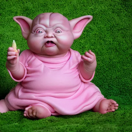 Prompt: a full view of a fat chubby pink baby girl yoda with long curly pink hair wearing a dress, highly detailed, photo realistic, 8 k resolution