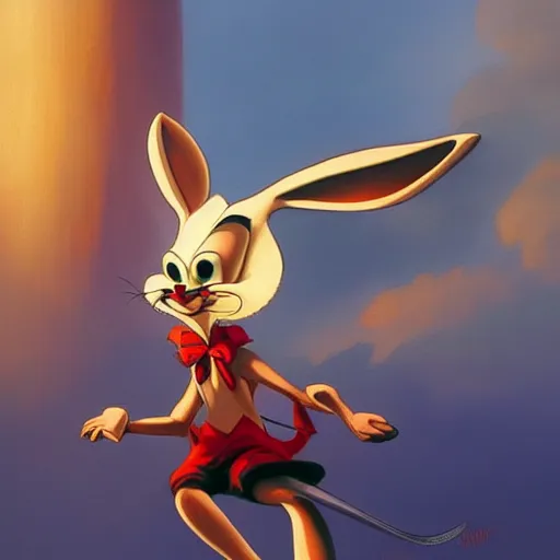 Image similar to salvadore dali cosplay bugs bunny, art by wgreg rutkowski. during golden hour. extremely detailed.