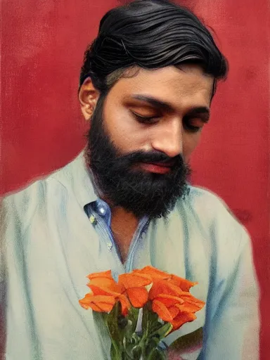 Prompt: artwork by saul leiter, of a solo individual portrait of an indian guy with lilies and roses, dapper, simple illustration, domestic, nostalgic, full of details, matte painting, trending on artstation and unreal engine