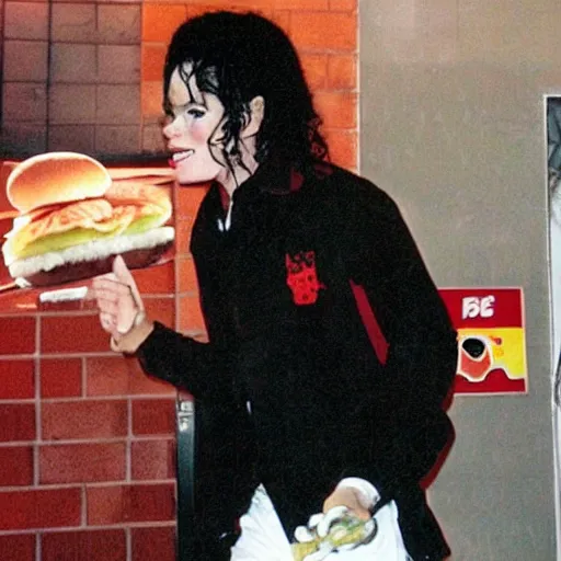 Prompt: michael jackson in a dark eating a big mac