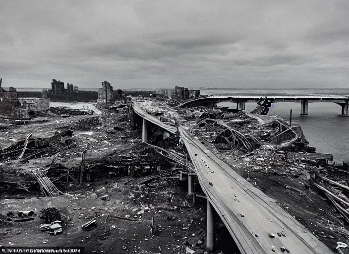 Image similar to grainy futuristic photo of the remains of an enormous destroyed freeway bridge on the new york coast after the apocalypse ; the bridge leads into the wide ocean