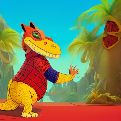 Image similar to in the style of loish, anthropomorphic alligator, red scales on his back, yellow scale on his belly and chest, male, waring a hawaiian shirt, in the style of zootopia