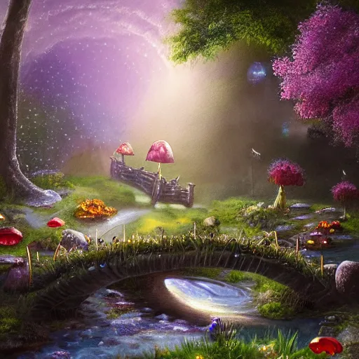 Image similar to painting, high detail, woodland village, night, fantasy, crescent moon, stone paths, bridge, water stream, luminous, toadstools, fireflies, fantasy,, flowers, lanterns, mist, highly detailed painting, fine lines, 8 k realistic, sharp focus