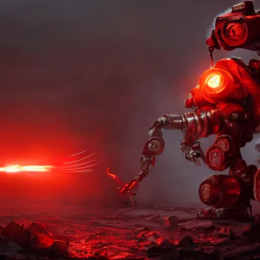 Image similar to post - apocalyptic, a very strong robot with red enerygies shaking the hand with a mighty alien creature that has multiple eyes. smoke. volumetric lighting, sharp focus, ultra detailed, cgsociety