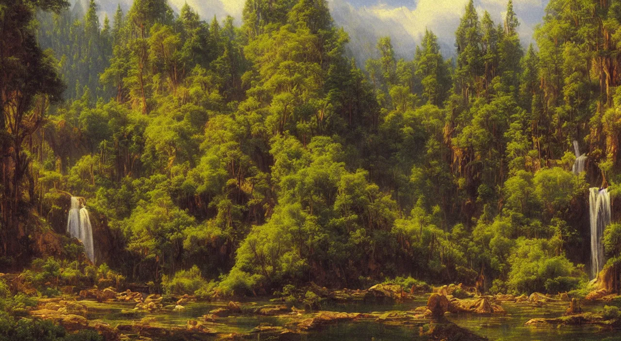 Prompt: Rivendell painted in the style of Albert Bierstadt, oil painting, wide angle, highly detailed