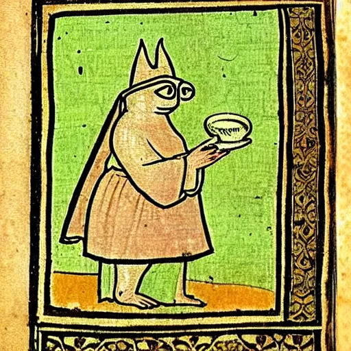 Image similar to page from a 1 4 th century monk's illustrations of the holy!! pepe the frog!!