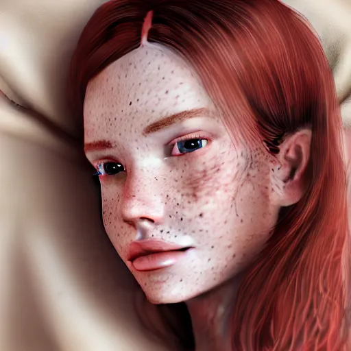 Image similar to portrait of a cute thin young woman, red blush, cute freckles wearing casual clothes, small smile, relaxing on a couch, cozy under a blanket, cozy living room, close up shot, 8 k, octane render, trending on artstation, art by artgerm and irakli nadar,, hyperrealism, hyperdetailed, ultra realistic