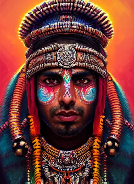 Image similar to portrait of suraj sharma, hyper detailed ultra sharp aztec shaman warrior. trending on artstation, warpaint aesthetic, bloodwave, colorful, psychedelic, ornate, intricate, digital painting, concept art, smooth, sharp focus, illustration, art by artgerm and greg rutkowski and h. r. giger, 8 k