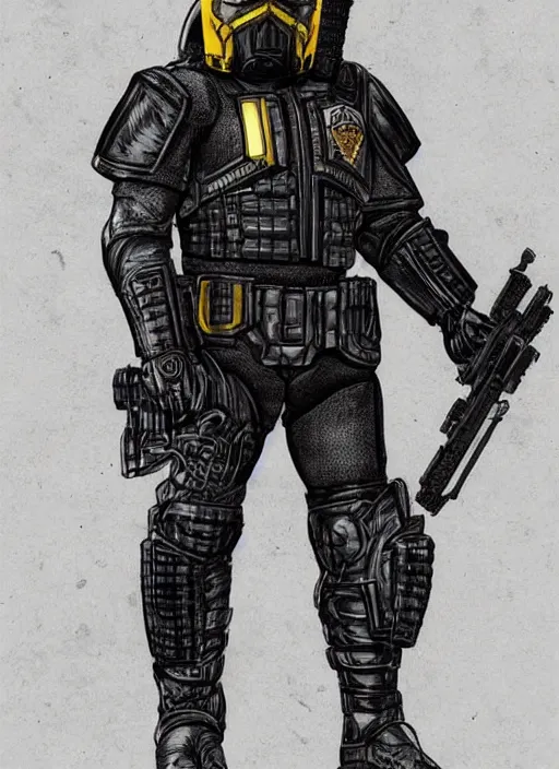 Image similar to detailed intricate concept of a heavy set futuristic police officer, 4 k, hd, official judge dredd fanart, behance hd artstation