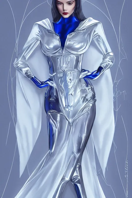 Image similar to detailed beautiful noun in opened white gold blue coat, seductive confident pose, attractive feminine curves, intricate details, futuristic, alien, elegant cape, elegant, photorealism, trending on artstation, holy halo, advanced technology, art by moebius and vitaly bulgarov and chanthara
