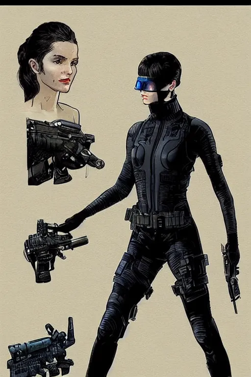 Image similar to selina kyle. blackops mercenary in near future tactical gear, stealth suit, and cyberpunk headset. Blade Runner 2049. concept art by James Gurney and Mœbius.