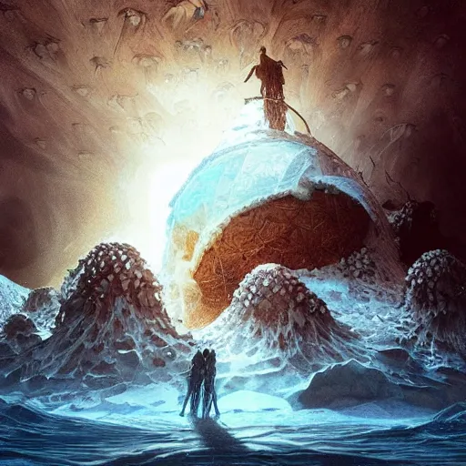 Prompt: “a giant nest made out of ice in middle of ocean, similar to wasp nest, hivemind, D&D, fantasy, intricate, cinematic lighting, highly detailed, digital painting, artstation, concept art, smooth, sharp focus, illustration, art by Artgerm and Greg Rutkowski and Alphonse Mucha”