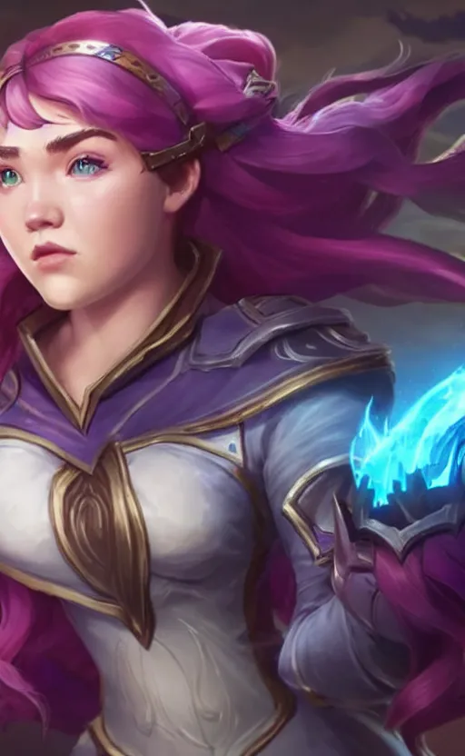 Image similar to Florence Pugh as a character in the game League of Legends, with a background based on the game League of Legends, detailed face, old 3d graphics