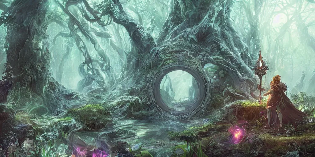 Image similar to A wizard summoning a portal in the forest to another land by ross tran, hyper-detailed, intricate, wide angle, beautiful, fantasy, concept art