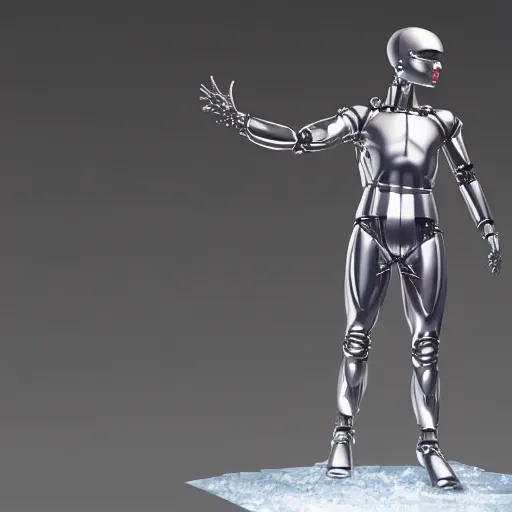 Image similar to a realistic detailed photo of a guy who is an attractive humanoid who is half robot and half humanoid, who is a male android, wrestler a. j. ferrari, shiny skin, posing like a statue, blank stare, by the pool, on display, showing off his muscles, humanoid robot, frozen ice statue