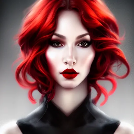 Image similar to a realistic illustration portrait of a beautiful aidra fox with curly black and red hair, black eyeliner, trending on artstation, hyper - realistic lighting, intricate, ross tran