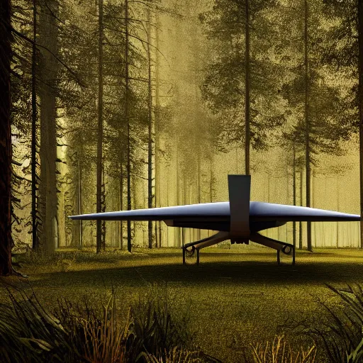 Prompt: starship sitting in the middle of a forest, stunning composition, Paul Chadeisson, cinema3D