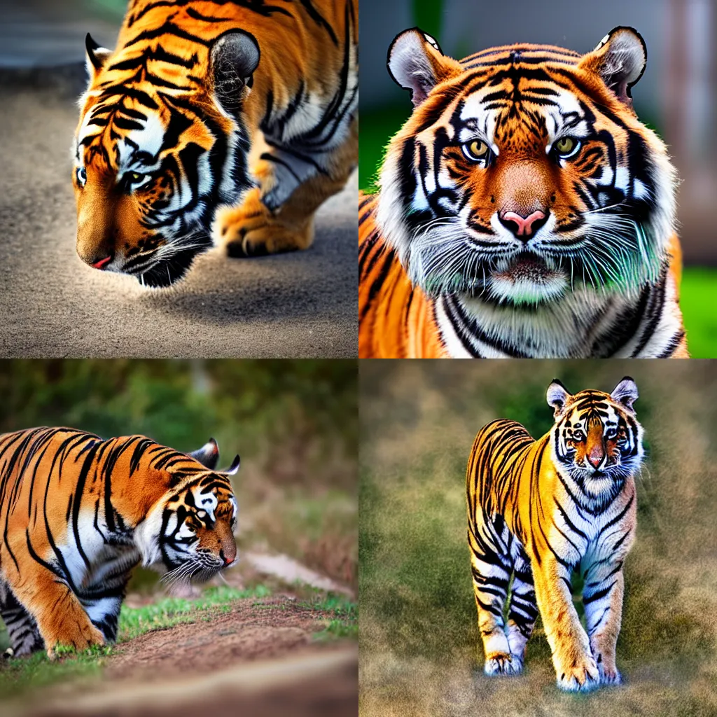 Prompt: a mixture of a cat and tiger. Photography 8K