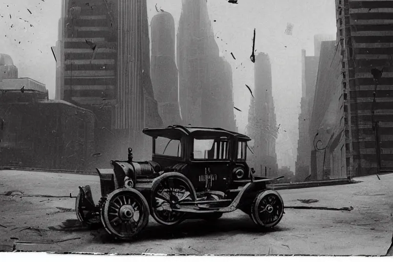 Image similar to cyberpunk 1 9 0 8 model ford t by paul lehr, metropolis, view over city, vintage film photo, damaged photo, scratched photo, scanned in, old photobook, silent movie, black and white photo