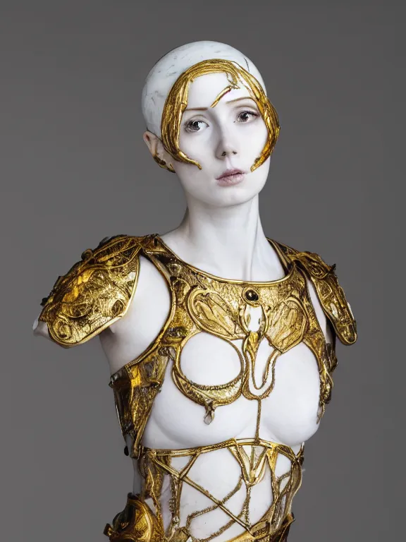 Prompt: a dramatically lit art nouveau white marble head and torso sculpture of a worried young karen gillan as joan of arc, wearing intricate gold plate armor on her chest, delicate, intricate, smooth, beautiful, glowing, by charles van der stappen