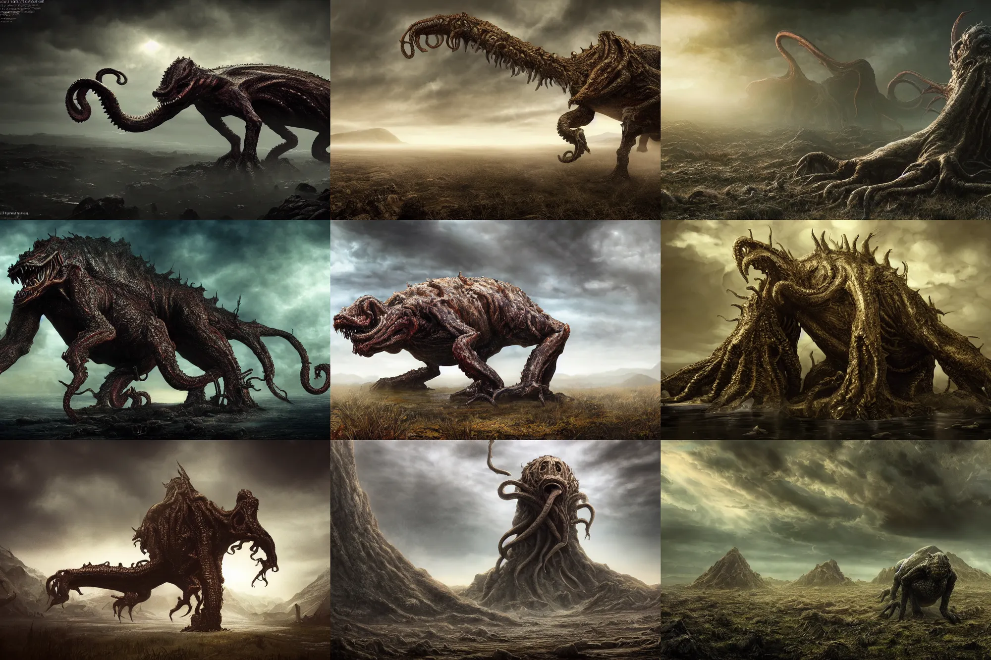 Prompt: wide angle realistic massive lovecraft creature in a large lanscape, dark science fiction + oriental fantasy, hyper realistic, cinematic lighting, epic cinematic tone, hyper realistic, golden ratio, natural volumetric lighting, high resolution, cinematic composition, realistic lighting, realistic reflection, realistic refraction, subsurface scattering, 4 k postprocessing, sci - fi