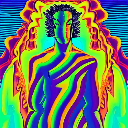 Prompt: man trasforming into an enlightened being, psychedelic, vaporwave,'9 0 s