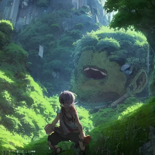 Image similar to a giant troll in city ruins overtaken by vegetation in anime style highly detailed by makoto Shinkai and Raphael Lacoste