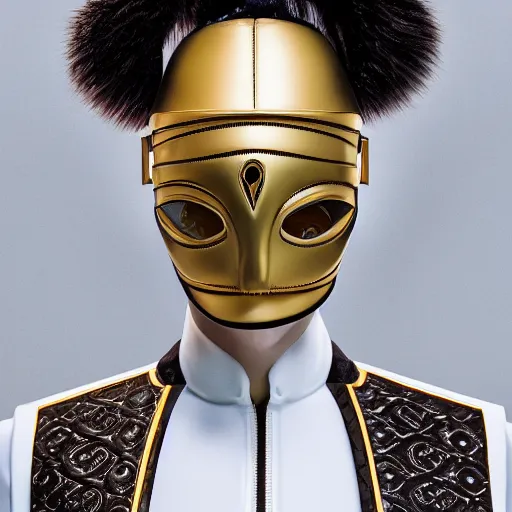 Image similar to portrait of masked dune dynasty with louis vuitton clothes, white background, louis vuitton logo, 8 k, symmetrical, 3 d render, octane render, insane details